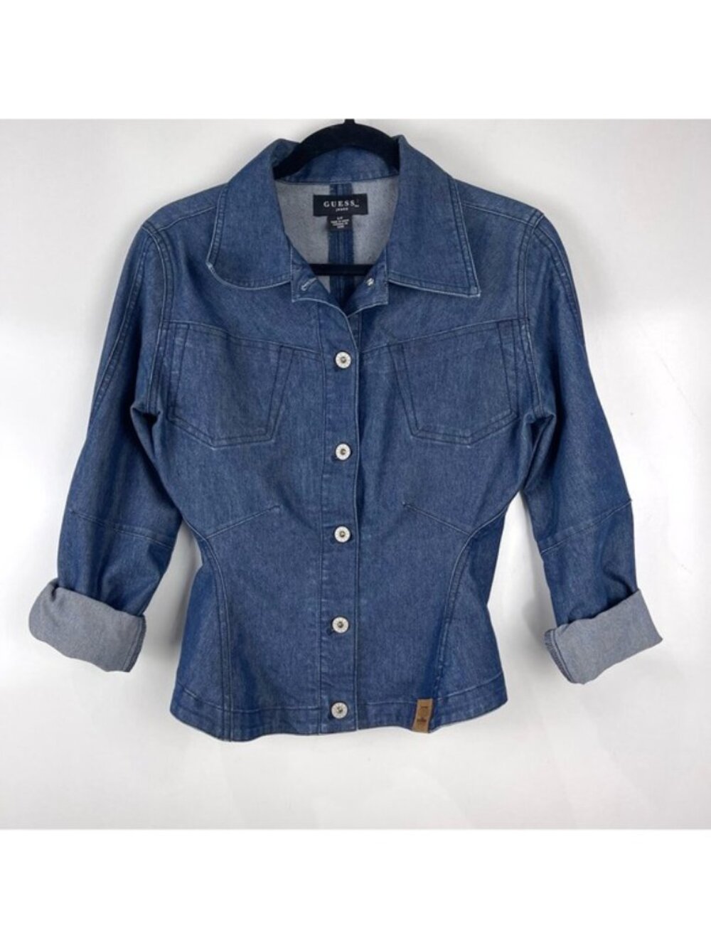 Vintage Y2K Guess Denim Jacket Fitted Blue Jean Women’s Size Small Button Front